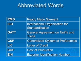 Abbreviated Words
RMG Ready Made Garment
ISO International Organization for
Standardization
GATT General Agreement on Tariffs and
Trade
GSP Generalized System of Preferences
L/C Letter of Credit
COP Cost of Production
EIN Exporter Identification Number
 