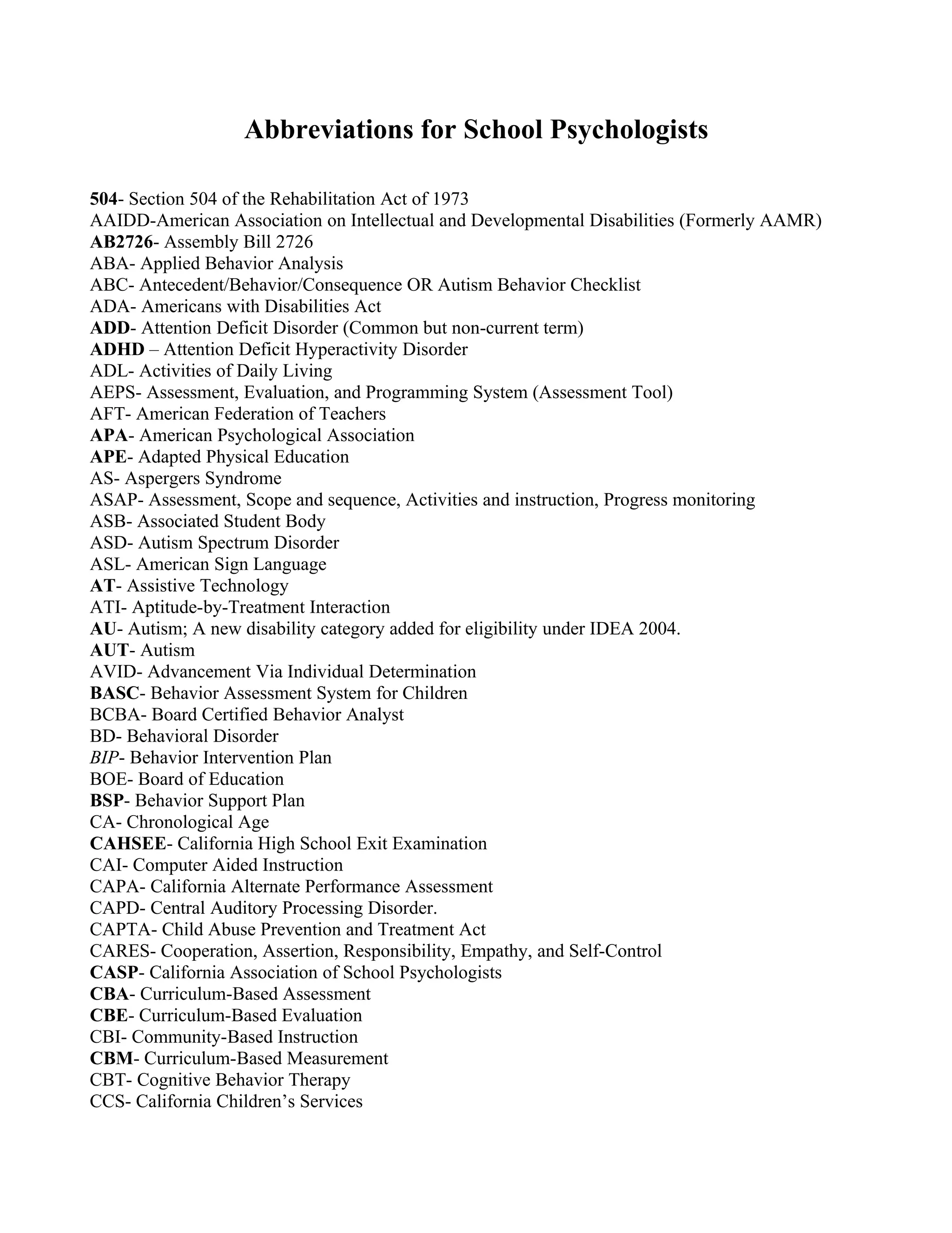 Abbreviations for school psychologists PDF