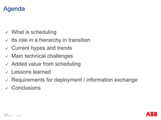 © ABB
| Slide 6
Agenda
 What is scheduling
 Its role in a hierarchy in transition
 Current hypes and trends
 Main technical challenges
 Added value from scheduling
 Lessons learned
 Requirements for deployment / information exchange
 Conclusions
June 8, 2015
 