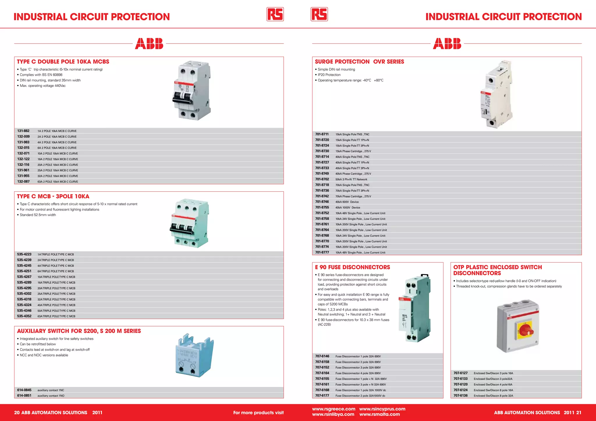 inDuStRiAl CiRCuit PRoteCtion                                                                                                                                               inDuStRiAl CiRCuit PRoteCtion



 tyPe C DouBle Pole 10KA mCBS                                                                                      SuRGe PRoteCtion ovR SeRieS
 •	Type	'C'		trip	characteristic	(5-10x	nominal	current	rating)                                                    •	Simple	DIN	rail	mounting
 •	Complies	with	BS	EN	60898                                                                                       •	IP20	Protection
 •	DIN	rail	mounting,	standard	35mm	width                                                                          •	Operating	temperature	range:	-40°C	→	+80°C
 •	Max.	operating	voltage	440Vac




 131-882       1A 2 POLE 10kA MCB C CURVE
                                                                                                                   701-8711      15kA Single Pole TNS , TNC
 132-009       2A 2 POLE 10kA MCB C CURVE
                                                                                                                   701-8720      15kA Single Pole TT 1Ph+N
 131-983       4A 2 POLE 10kA MCB C CURVE
                                                                                                                   701-8724      15kA Single Pole TT 3Ph+N
 132-015       6A 2 POLE 10kA MCB C CURVE
                                                                                                                   701-8730      15kA Phase Cartridge , 275 V
 132-071       10A 2 POLE 10kA MCB C CURVE
                                                                                                                   701-8714      40kA Single Pole TNS , TNC
 132-122       16A 2 POLE 10kA MCB C CURVE
                                                                                                                   701-8727      40kA Single Pole TT 1Ph+N
 132-116       20A 2 POLE 10kA MCB C CURVE
                                                                                                                   701-8733      40kA Single Pole TT 3Ph+N
 131-961       25A 2 POLE 10kA MCB C CURVE
                                                                                                                   701-8749      40kA Phase Cartridge , 275 V
 131-955       32A 2 POLE 10kA MCB C CURVE
                                                                                                                   701-8702      50kA 3 Ph+N TT Network
 132-087       63A 2 POLE 10kA MCB C CURVE
                                                                                                                   701-8718      70kA Single Pole TNS , TNC

                                                                                                                   701-8736      70kA Single Pole TT 3Ph+N

 tyPe C mCB - 3Pole 10KA                                                                                           701-8742      70kA Phase Cartridge , 275 V

                                                                                                                   701-8746      40kA 600V Device
 •	Type	C	characteristic	offers	short	circuit	response	of	5-10	x	normal	rated	current
                                                                                                                   701-8755      40kA 1000V Device
 •	For	motor	control	and	fluorescent	lighting	installations	
                                                                                                                   701-8752      10kA 48V Single Pole , Low Current Unit
 •	Standard	52.5mm	width
                                                                                                                   701-8758      10kA 24V Single Pole , Low Current Unit

                                                                                                                   701-8761      10kA 200V Single Pole , Low Current Unit

                                                                                                                   701-8764      10kA 200V Single Pole , Low Current Unit

                                                                                                                   701-8768      10kA 24V Single Pole , Low Current Unit

                                                                                                                   701-8770      10kA 200V Single Pole , Low Current Unit

                                                                                                                   701-8774      10kA 200V Single Pole , Low Current Unit

                                                                                                                   701-8777      10kA 48V Single Pole , Low Current Unit
 535-4223      1A TRIPLE POLE TYPE C MCB

 535-4239      2A TRIPLE POLE TYPE C MCB

 535-4245      4A TRIPLE POLE TYPE C MCB
                                                                                                                   e 90 FuSe DiSConneCtoRS                                       otP PlAStiC enCloSeD SWitCh
 535-4251
                                                                                                                                                                                 DiSConneCtoRS
               6A TRIPLE POLE TYPE C MCB
                                                                                                                   •	E	90	series	fuse-disconnectors	are	designed	
 535-4267      10A TRIPLE POLE TYPE C MCB
                                                                                                                     for	connecting	and	disconnecting	circuits	under	            •	Includes	selector-type	red-yellow	handle	(I-0	and	ON-OFF	indication)
 535-4289      16A TRIPLE POLE TYPE C MCB
                                                                                                                     load,	providing	protection	against	short	circuits	
 535-4295      20A TRIPLE POLE TYPE C MCB
                                                                                                                                                                                 •	Threaded	knock-out,	compression	glands	have	to	be	ordered	separately
                                                                                                                     and	overloads
 535-4302      25A TRIPLE POLE TYPE C MCB                                                                          •	For	easy	and	quick	installation	E	90	range	is	fully	
 535-4318      32A TRIPLE POLE TYPE C MCB                                                                            compatible	with	connecting	bars,	terminals	and	
 535-4324      40A TRIPLE POLE TYPE C MCB                                                                            caps	of	S200	MCBs
 535-4346      50A TRIPLE POLE TYPE C MCB                                                                          •	Poles:	1,2,3	and	4	plus	also	available	with	
                                                                                                                     Neutral	switching;	1+	Neutral	and	3	+	Neutral
 535-4352      63A TRIPLE POLE TYPE C MCB
                                                                                                                   •	E	90	fuse-disconnectors	for	10.3	x	38	mm	fuses	
                                                                                                                     (AC-22B)

 AuxiliARy SWitCh FoR S200, S 200 m SeRieS
 •	Integrated	auxiliary	switch	for	line	safety	switches
 •	Can	be	retrofitted	below
 •	Contacts	lead	at	switch-on	and	lag	at	switch-off
 •	NCC	and	NOC	versions	available                                                                                  707-6146      Fuse Discconnector 1 pole 32A 690V

                                                                                                                   707-6158      Fuse Discconnector 2 pole 32A 690V

                                                                                                                   707-6152      Fuse Discconnector 3 pole 32A 690V

                                                                                                                   707-6164      Fuse Discconnector 4 pole 32A 690V              707-6127     Enclosed Sw/Discon 3 pole 16A

                                                                                                                   707-6155      Fuse Discconnector 1 pole + N 32A 690V          707-6133     Enclosed Sw/Discon 3 pole32A

                                                                                                                   707-6161      Fuse Discconnector 3 pole + N 32A 690V          707-6120     Enclosed Sw/Discon 4 pole16A

 614-0845      auxiliary contact 1NC                                                                               707-6168      Fuse Discconnector 1 pole 32A 1000V dc          707-6124     Enclosed Sw/Discon 8 pole 16A

 614-0851      auxiliary contact 1NO                                                                               707-6177      Fuse Discconnector 2 pole 32A1000V dc           707-6136     Enclosed Sw/Discon 8 pole 32A



                                                                                                                  www.rsgreece.com www.rsincyprus.com
20 ABB AutomAtion SolutionS                            2011                             For more products visit   www.rsinlibya.com www.rsmalta.com                                                         ABB AutomAtion SolutionS 2011 21
 