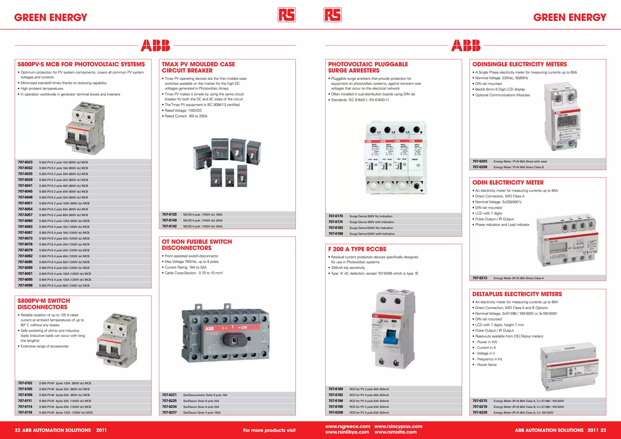 GReen eneRGy                                                                                                                                                                                                                                                             GReen eneRGy



 S800Pv-S mCB FoR PhotovoltAiC SyStemS                                         tmAx Pv moulDeD CASe                                                           PhotovoltAiC PluGGABle                                         oDinSinGle eleCtRiCity meteRS
 •	Optimum	protection	for	PV	system	components,	covers	all	common	PV	system	   CiRCuit BReAKeR                                                                SuRGe ARReSteRS                                                •	A	Single	Phase	electricity	meter	for	measuring	currents	up	to	65A
   voltages	and	currents                                                       •	Tmax	PV	operating	devices	are	the	first	molded	case	                         •	Pluggable	surge	arresters	that	provide	protection	for	       •	Nominal	Voltage:	230Vac,	50/60Hz
 •	Minimised	standstill	times	thanks	to	reclosing	capability                     switches	available	on	the	market	for	the	high	DC	                              equipment	on	photovoltaic	systems,	against	transient	over	   •	DIN	rail	mounted
 •	High	ambient	temperatures                                                     voltages	generated	in	Photovoltaic	Arrays.                                     voltages	that	occur	on	the	electrical	network                •	Backlit	6mm	6	Digit	LCD	display
 •	In	operation	worldwide	in	generator	terminal	boxes	and	inverters            •	Tmax	PV	makes	it	simple	by	using	the	same	circuit	                           •	Often	installed	in	sub-distribution	boards	using	DIN	rail.   •	Optional	Communications	Modules
                                                                                 breaker	for	both	the	DC	and	AC	sides	of	the	circuit                          •	Standards:	IEC	61643-1,	EN	61643-11
                                                                               •	The	Tmax	PV	equipment	is	IEC	60947-3	certified.
                                                                               •	Rated	Voltage:	1100VDC	
                                                                               •	Rated	Current:	160	to	250A




 707-6023      S 800 PV-S 2 pole 10A (800V dc) MCB                                                                                                                                                                           707-6203       Energy Meter 1P+N 65A Direct with reset

 707-6032      S 800 PV-S 2 pole 16A (800V dc) MCB                                                                                                                                                                           707-6209       Energy Meter 1P+N 65A Direct Class B

 707-6035      S 800 PV-S 2 pole 20A (800V dc) MCB

 707-6039      S 800 PV-S 2 pole 25A (800V dc) MCB

 707-6041      S 800 PV-S 2 pole 40A (800V dc) MCB
                                                                                                                                                                                                                             oDin eleCtRiCity meteR
 707-6045      S 800 PV-S 2 pole 50A (800V dc) MCB                                                                                                                                                                           •	An	electricity	meter	for	measuring	currents	up	to	65A
 707-6048      S 800 PV-S 2 pole 32A (800V dc) MCB                                                                                                                                                                           •	Direct	Connection,	MID	Class	A
 707-6051      S 800 PV-S 2 pole 100A (800V dc) MCB                                                                                                                                                                          •	Nominal	Voltage:	3x230/400	V,
 707-6054      S 800 PV-S 2 pole 63A (800V dc) MCB                                                                                                                                                                           •	DIN	rail	mounted
 707-6057      S 800 PV-S 2 pole 80A (800V dc) MCB                             707-6130     MCCB 4 pole (1100V dc) 160A                                                                                                      •	LCD	with	7	digits
                                                                                                                                                              707-6170      Surge Device 600V No Indication
 707-6060      S 800 PV-S 2 pole 125A (800V dc) MCB                            707-6149     MCCB 4 pole (1100V dc) 200A                                                                                                      •	Pulse	Output	/	IR	Output
                                                                                                                                                              707-6174      Surge Device 600V with Indication
                                                                               707-6142                                                                                                                                      •	Phase	indication	and	Load	indicator
 707-6063      S 800 PV-S 4 pole 10A (1200V dc) MCB                                         MCCB 4 pole (1100V dc) 250A
                                                                                                                                                              707-6183      Surge Device1000V No Indication
 707-6067      S 800 PV-S 4 pole 16A (1200V dc) MCB                                                                                                           707-6186      Surge Device1000V with Indication
 707-6073      S 800 PV-S 4 pole 32A (1200V dc) MCB

 707-6076      S 800 PV-S 4 pole 20A (1200V dc) MCB
                                                                               ot non FuSiBle SWitCh
 707-6079      S 800 PV-S 4 pole 25A (1200V dc) MCB                            DiSConneCtoRS                                                                  F 200 A tyPe RCCBS
 707-6082      S 800 PV-S 4 pole 40A (1200V dc) MCB                            •	Front	operated	switch-disconnecto                                            •	Residual	current	protection	devices	specifically	designed	
 707-6085      S 800 PV-S 4 pole 50A (1200V dc) MCB                            •	Max	Voltage	750Vdc,	up	to	8	poles                                              for	use	in	Photovoltaic	systems
 707-6089      S 800 PV-S 4 pole 63A (1200V dc) MCB                            •	Current	Rating:	16A	to	32A                                                   •	300mA	trip	sensitivity
 707-6091      S 800 PV-S 4 pole 100A (1200V dc) MCB                           •	Cable	Cross-Section:		0.75	to	10	mm²                                         •	Type	'A'	AC	detection,	except	707-6206	which	is	type	'B'
 707-6095      S 800 PV-S 4 pole 125A (1200V dc) MCB
                                                                                                                                                                                                                             707-6212       Energy Meter 3P+N 65A Direct Class A

 707-6098      S 800 PV-S 4 pole 80A (1200V dc) MCB


                                                                                                                                                                                                                             DeltAPluS eleCtRiCity meteRS
 S800Pv-m SWitCh                                                                                                                                                                                                             •	An	electricity	meter	for	measuring	currents	up	to	80A
 DiSConneCtoRS                                                                                                                                                                                                               •	Direct	Connection,	MID	Class	A	and	B	Options
 •	Reliable	isolation	of	up	to	125	A	rated	                                                                                                                                                                                  •	Nominal	Voltage:	3x57-288	/	100-500V	or	3x100-500V
   current	at	ambient	temperatures	of	up	to	                                                                                                                                                                                 •	DIN	rail	mounted
   60°	C	without	any	losses                                                                                                                                                                                                  •	LCD	with	7	digits,	height	7	mm
 •	Safe	switching	of	ohmic	and	inductive	                                                                                                                                                                                    •	Pulse	Output	/	IR	Output
   loads	(inductive	loads	can	occur	with	long	                                                                                                                                                                               •	Read-outs	available	from	DELTAplus	meters:
   line	lengths)                                                                                                                                                                                                             •	-	Power	in	kW
 •	Extensive	range	of	accessories                                                                                                                                                                                            •	-	Current	in	A
                                                                                                                                                                                                                             •	-	Voltage	in	V
                                                                                                                                                                                                                             •	-	Frequency	in	Hz
                                                                                                                                                                                                                             •	-	Power	factor




 707-6102      S 800 PV-M 2pole 125A (800V dc) MCB

 707-6105      S 800 PV-M 2pole 32A (800V dc) MCB                                                                                                             707-6180      RCD for PV 2 pole 40A 300mA

 707-6108      S 800 PV-M 2pole 63A (800V dc) MCB                              707-6221     Sw/Disconnector Solar 8 pole 16A                                  707-6192      RCD for PV 4 pole 40A 300mA

 707-6111      S 800 PV-M 4pole 32A (1200V dc) MCB                             707-6225     Sw/Discon Solar 8 pole 25A                                        707-6196      RCD for PV 4 pole 63A 300mA                      707-6215       Energy Meter 3P+N 80A Class A, 3 x 57-288 / 100-500V

 707-6114      S 800 PV-M 4pole 63A (1200V dc) MCB                             707-6234     Sw/Discon Solar 8 pole 32A                                        707-6199      RCD for PV 2 pole 63A 300mA                      707-6219       Energy Meter 3P+N 80A Class B, 3 x 57-288 / 100-500V

 707-6118      S 800 PV-M 4pole 125A (1200V dc) MCB                            707-6237     Sw/Discon Solar 4 pole 160A                                       707-6206      RCD for PV 4 pole 63A 300mA                      707-6228       Energy Meter 3P+N 80A Class A, 3 x 100-500V



                                                                                                                                                             www.rsgreece.com www.rsincyprus.com
22 ABB AutomAtion SolutionS                            2011                                                                        For more products visit   www.rsinlibya.com www.rsmalta.com                                                             ABB AutomAtion SolutionS 2011 23
 
