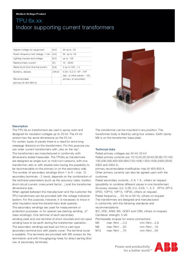 ABB TPU6 Indoor Current Transformers (CT) MV Medium Voltage 24kV 25kV