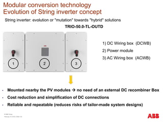 Modular conversion technology
Evolution of String inverter concept
TRIO-50.0-TL-OUTD
• Mounted nearby the PV modules  no need of an external DC recombiner Box
• Cost reduction and simplification of DC connections
• Reliable and repeatable (reduces risks of tailor-made system designs)
String inverter: evolution or "mutation" towards "hybrid" solutions
1 2 3
1) DC Wiring box (DCWB)
2) Power module
3) AC Wiring box (ACWB)
© ABB Group
February 16, 2016 | Slide 122
 
