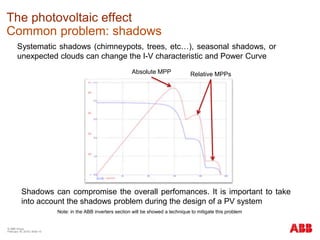 © ABB Group
February 16, 2016 | Slide 15
The photovoltaic effect
Common problem: shadows
Systematic shadows (chimneypots, trees, etc…), seasonal shadows, or
unexpected clouds can change the I-V characteristic and Power Curve
Absolute MPP Relative MPPs
Shadows can compromise the overall perfomances. It is important to take
into account the shadows problem during the design of a PV system
Note: in the ABB inverters section will be showed a technique to mitigate this problem
 