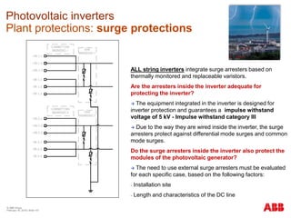 © ABB Group
February 16, 2016 | Slide 147
Photovoltaic inverters
Plant protections: surge protections
ALL string inverters integrate surge arresters based on
thermally monitored and replaceable varistors.
Are the arresters inside the inverter adequate for
protecting the inverter?
 The equipment integrated in the inverter is designed for
inverter protection and guarantees a impulse withstand
voltage of 5 kV - Impulse withstand category III
 Due to the way they are wired inside the inverter, the surge
arresters protect against differential mode surges and common
mode surges.
Do the surge arresters inside the inverter also protect the
modules of the photovoltaic generator?
 The need to use external surge arresters must be evaluated
for each specific case, based on the following factors:
- Installation site
- Length and characteristics of the DC line
 