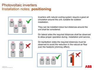 © ABB Group
February 16, 2016 | Slide 154
Photovoltaic inverters
Installation notes: positioning
Inverters with natural cooling system require a good air
circulation around the unit; suitable for outdoor
installation.
They can be installed indoor but distances around the
unit shall be considered.
On lateral sides the required distances shall be observed
to allow proper operation during installation and service.
On top/bottom sides the required distances must be
observed to avoid the reduction in the natural air flow
over the heatsink (chimney effect).
 