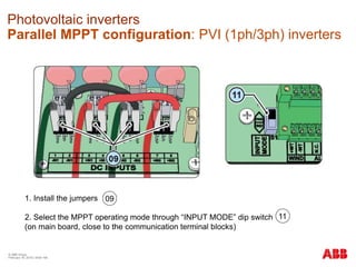 © ABB Group
February 16, 2016 | Slide 166
Photovoltaic inverters
Parallel MPPT configuration: PVI (1ph/3ph) inverters
1. Install the jumpers
2. Select the MPPT operating mode through “INPUT MODE” dip switch
(on main board, close to the communication terminal blocks)
09
11
 