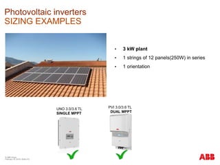 © ABB Group
February 16, 2016 | Slide 210
Photovoltaic inverters
SIZING EXAMPLES
• 3 kW plant
• 1 strings of 12 panels(250W) in series
• 1 orientation
UNO 3.0/3.6 TL
SINGLE MPPT
PVI 3.0/3.6 TL
DUAL MPPT
 