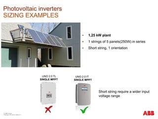 © ABB Group
February 16, 2016 | Slide 211
Photovoltaic inverters
SIZING EXAMPLES
• 1,25 kW plant
• 1 strings of 5 panels(250W) in series
• Short string, 1 orientation
UNO 2.0 TL
SINGLE MPPT
UNO 2.0 IT
SINGLE MPPT
Short string require a wider input
voltage range
 
