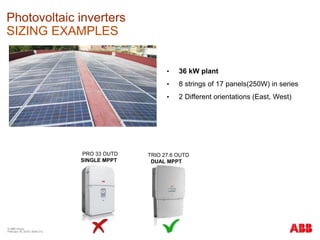 © ABB Group
February 16, 2016 | Slide 212
Photovoltaic inverters
SIZING EXAMPLES
• 36 kW plant
• 8 strings of 17 panels(250W) in series
• 2 Different orientations (East, West)
PRO 33 OUTD
SINGLE MPPT
TRIO 27.6 OUTD
DUAL MPPT
 