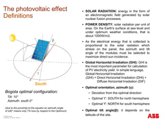 © ABB Group
February 16, 2016 | Slide 3
The photovoltaic effect
Definitions
 SOLAR RADIATION: energy in the form of
an electromagnetic field generated by solar
nuclear fusion processes.
 POWER DENSITY: solar radiation per unit of
area. On the Earth's surface at sea level and
under optimum weather conditions, that is
about 1000W/m2.
 As the electrical energy that is collected is
proportional to the solar radiation which
strikes on the panel, the azimuth and tilt
angle of the modules must be selected to
maximize direct sun incidence.
 Global Horizontal Irradiation (GHI): GHI is
the most important parameter for calculation
of PV electricity yield. In simple language,
Global Horizontal Irradiation
(GHI) = Direct Horizontal Irradiation (DHI) +
Diffuse Horizontal Irradiation (DIF)
 Optimal orientation, azimuth (γ):
• Deviation from the optimal direction
• Optimal ϒ: SOUTH for north hemisphere
• Optimal ϒ: NORTH for south hemisphere
 Optimal tilt angle(β): it depends on the
latitude of the site.
Bogota optimal configuration:
Tilt: 10°
Azimuth: south 0°
(due to the proximity to the equator an azimuth angle
of ±90° means only 1% loss by respect to the Optimum)
South
 