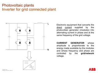 Photovoltaic plants
Inverter for grid connected plant
Electronic equipment that converts the
direct current supplied by the
photovoltaic generator (modules) into
alternating current in phase and at the
same frequency of the grid voltage.
CURRENT GENERATOR whose
amplitude is proportionate to the
energy made available by the modules
and whose frequency and phase are
controlled by the grid/network
voltage.
L
N
© ABB Group
February 16, 2016 | Slide 31
 