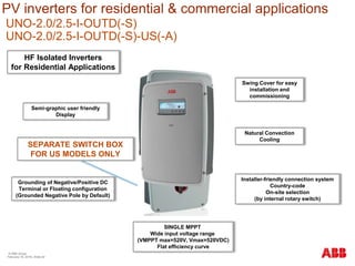 PV inverters for residential & commercial applications
UNO-2.0/2.5-I-OUTD(-S)
UNO-2.0/2.5-I-OUTD(-S)-US(-A)
© ABB Group
February 16, 2016 | Slide 52
HF Isolated Inverters
for Residential Applications
Semi-graphic user friendly
Display
SINGLE MPPT
Wide input voltage range
(VMPPT max=520V, Vmax=520VDC)
Flat efficiency curve
Natural Convection
Cooling
Swing Cover for easy
installation and
commissioning
Grounding of Negative/Positive DC
Terminal or Floating configuration
(Grounded Negative Pole by Default)
SEPARATE SWITCH BOX
FOR US MODELS ONLY
Installer-friendly connection system
Country-code
On-site selection
(by internal rotary switch)
 