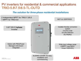 © ABB Group
February 16, 2016 | Slide 56
PV inverters for residential & commercial applications
TRIO-5.87.58.5-TL-OUTD
The solution for three-phase residential installations
Wide input voltage range
(VMPPT max=800V,
Vmax=1000VDC)
5.8/7.5/8.5 3-phase
Inverter
2 Independent MPPT for TRIO-7.5/8.5
1 MPPT for TRIO-5.8
Installer-friendly connection
system
Country-code
On-site selection
(by display)
Option with PMU(Power
Manager Unit) board
integrated
SLIDING COVER: for easy
installation and
commissioning
NOT UL CERTIFIED
 