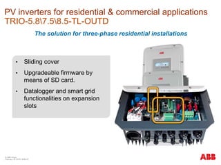 © ABB Group
February 16, 2016 | Slide 57
PV inverters for residential & commercial applications
TRIO-5.87.58.5-TL-OUTD
The solution for three-phase residential installations
• Sliding cover
• Upgradeable firmware by
means of SD card.
• Datalogger and smart grid
functionalities on expansion
slots
 