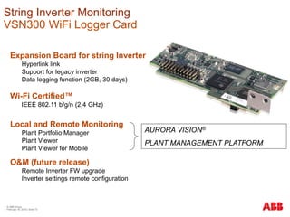 © ABB Group
February 16, 2016 | Slide 73
String Inverter Monitoring
VSN300 WiFi Logger Card
Expansion Board for string Inverter
Hyperlink link
Support for legacy inverter
Data logging function (2GB, 30 days)
Wi-Fi Certified™
IEEE 802.11 b/g/n (2,4 GHz)
Local and Remote Monitoring
Plant Portfolio Manager
Plant Viewer
Plant Viewer for Mobile
O&M (future release)
Remote Inverter FW upgrade
Inverter settings remote configuration
AURORA VISION®
PLANT MANAGEMENT PLATFORM
 