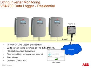 © ABB Group
February 16, 2016 | Slide 82
Internet
• VSN700-01 Data Logger (Residential)
• Up to 5x 1ph string inverters or Trio-5.8/7.5/8.5-TL
• RS-485 twisted pair to inverters
• Ethernet cable to home owner’s Internet
• Plant Viewer
• CE mark, C-Tick, FCC
VSN700-01
RS-485
Plant Viewer
String Inverter Monitoring
VSN700 Data Logger - Residential
 