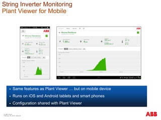 © ABB Group
February 16, 2016 | Slide 85
String Inverter Monitoring
Plant Viewer for Mobile
 Same features as Plant Viewer … but on mobile device
 Runs on iOS and Android tablets and smart phones
 Configuration shared with Plant Viewer
 