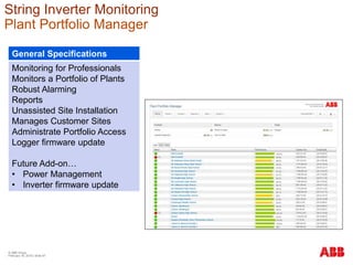 © ABB Group
February 16, 2016 | Slide 87
String Inverter Monitoring
Plant Portfolio Manager
General Specifications
Monitoring for Professionals
Monitors a Portfolio of Plants
Robust Alarming
Reports
Unassisted Site Installation
Manages Customer Sites
Administrate Portfolio Access
Logger firmware update
Future Add-on…
• Power Management
• Inverter firmware update
 