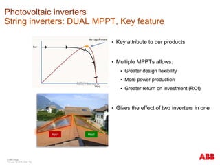 • Key attribute to our products
• Multiple MPPTs allows:
• Greater design flexibility
• More power production
• Greater return on investment (ROI)
• Gives the effect of two inverters in one
© ABB Group
February 16, 2016 | Slide 102
Photovoltaic inverters
String inverters: DUAL MPPT, Key feature
 