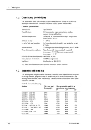 1 Description




        1.2 Operating conditions
                The table below show the standard technical specifications for the GOE Oil - Air
                bushings. For conditions exceeding the below values, please contact ABB.
                Common specifications:
                Application:                    Transformers
                Classification:                 Oil impregnated paper, capacitance graded,
                                                outdoor-immersed bushing
                Ambient temperature:            +40 to -40 °C, minimum value as per temperature
                                                class 2 of IEC 60137
                Altitude of site:               < 1 000 m
                Level of rain and humidity:     1-2 mm rain/min horizontally and vertically, as per
                                                IEC 60-1
                Pollution level:                According to specified creepage distance and IEC 60815 1
                Type of immersion medium: Transformer oil. Maximum daily mean oil
                                                temperature 90 °C. Maximum temporary oil
                                                temperature 115 °C
                Oil level below bushing flange: Maximum 30 mm
                Max. pressure of medium:        100 kPa overpressure
                Markings:                       Conforming to IEC/ IEEE
                1
                    IEC 60815 "Guide for the selection of insulators in respect of polluted conditions".



        1.3 Mechanical loading
                The bushings are designed for the following cantilever loads applied to the midpoint
                of the top terminal, perpendicularly to the bushing axis. In axial direction the GOE
                bushing can withstand 20 kN continuously. The maximum torque on the outer termi-
                nal stud is 250 Nm
                Table 2. Mechanical loading
                Bushing                                    Max. test load         Max. permissible load (N) in
                                                           1 minute (N)           operation at mounting angle
                                                                                  0°           -30°         -60°
                GOE 250 - GOE 450                          5700                   2800            2300             1700
                GOE 550 - GOE 650                          5700                   2800            2300             1700
                GOE 750 - GOE 900                          5000                   2500            2000             1500
                GOE 950 - GOE 1175                         12000                  6000            4300             3100
                GOE 1300 - 1050                            10000                  5000            3000             1500
                GOE 1300 - 1150                            9000                   4500            2500             -
                GOE 1425 - GOE 1675-1175                   16000                  8000            4700             2500
                GOE 1675 - 1300, 1800 - 1300               13000                  6500            4300             1500
                GOE 1800 - 1360                            12000                  6000            4500             1500
                GOE 1950, GOE 2100                         14000                  7000            4000             1500
                GOE 2550                                   14000                  7000            4000             1500




10                                                                                                         2750 515-1 en, Rev. 9
 