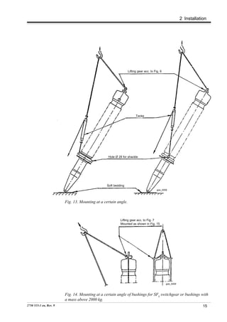 2 Installation




                                                                Lifting gear acc. to Fig. 6




                                                                      Tacke




                                                 Hole Ø 28 for shackle




                                                Soft bedding
                                                                                       goe_0008




                        Fig. 13. Mounting at a certain angle.



                                                         Lifting gear acc. to Fig. 7
                                                         Mounted as shown in Fig. 15




                                                                                              goe_0009



                        Fig. 14. Mounting at a certain angle of bushings for SF6 switchgear or bushings with
                        a mass above 2000 kg.
2750 515-1 en, Rev. 9                                                                                                15
 