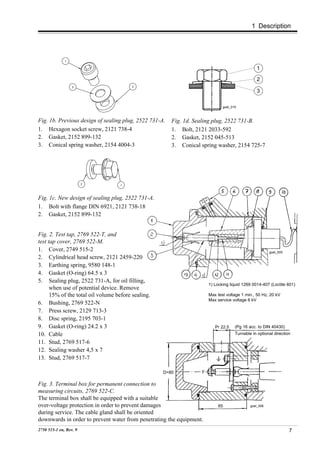 1 Description




                                                                                                1

                                                                                                2

                                                                                                3

                                                                              goel_015



Fig. 1b. Previous design of sealing plug, 2522 731-A.   Fig. 1d. Sealing plug, 2522 731-B.
1. Hexagon socket screw, 2121 738-4                     1. Bolt, 2121 2033-592
2. Gasket, 2152 899-132                                 2. Gasket, 2152 045-513
3. Conical spring washer, 2154 4004-3                   3. Conical spring washer, 2154 725-7




Fig. 1c. New design of sealing plug, 2522 731-A.
1. Bolt with flange DIN 6921, 2121 738-18
2. Gasket, 2152 899-132


Fig. 2. Test tap, 2769 522-T, and
test tap cover, 2769 522-M.
1. Cover, 2749 515-2                                                                                    goel_005
2. Cylindrical head screw, 2121 2459-220
3. Earthing spring, 9580 148-1
4. Gasket (O-ring) 64.5 x 3
5. Sealing plug, 2522 731-A, for oil filling,
                                                                       1) Locking liquid 1269 0014-407 (Loctite 601)
      when use of potential device. Remove
      15% of the total oil volume before sealing.                      Max test voltage 1 min., 50 Hz, 20 kV
                                                                       Max service voltage 6 kV
6. Bushing, 2769 522-N
7. Press screw, 2129 713-3
8. Disc spring, 2195 703-1
9. Gasket (O-ring) 24.2 x 3                                               Pr 22.5    (Pg 16 acc. to DIN 40430)
10. Cable                                                                            Turnable in optional direction

11. Stud, 2769 517-6
12. Sealing washer 4,5 x 7
13. Stud, 2769 517-7

                                                    D=80           F

Fig. 3. Terminal box for permanent connection to
measuring circuits, 2769 522-C.
The terminal box shall be equipped with a suitable
over-voltage protection in order to prevent damages                        65                goel_006

during service. The cable gland shall be oriented
downwards in order to prevent water from penetrating the equipment.
2750 515-1 en, Rev. 9                                                                                              7
 