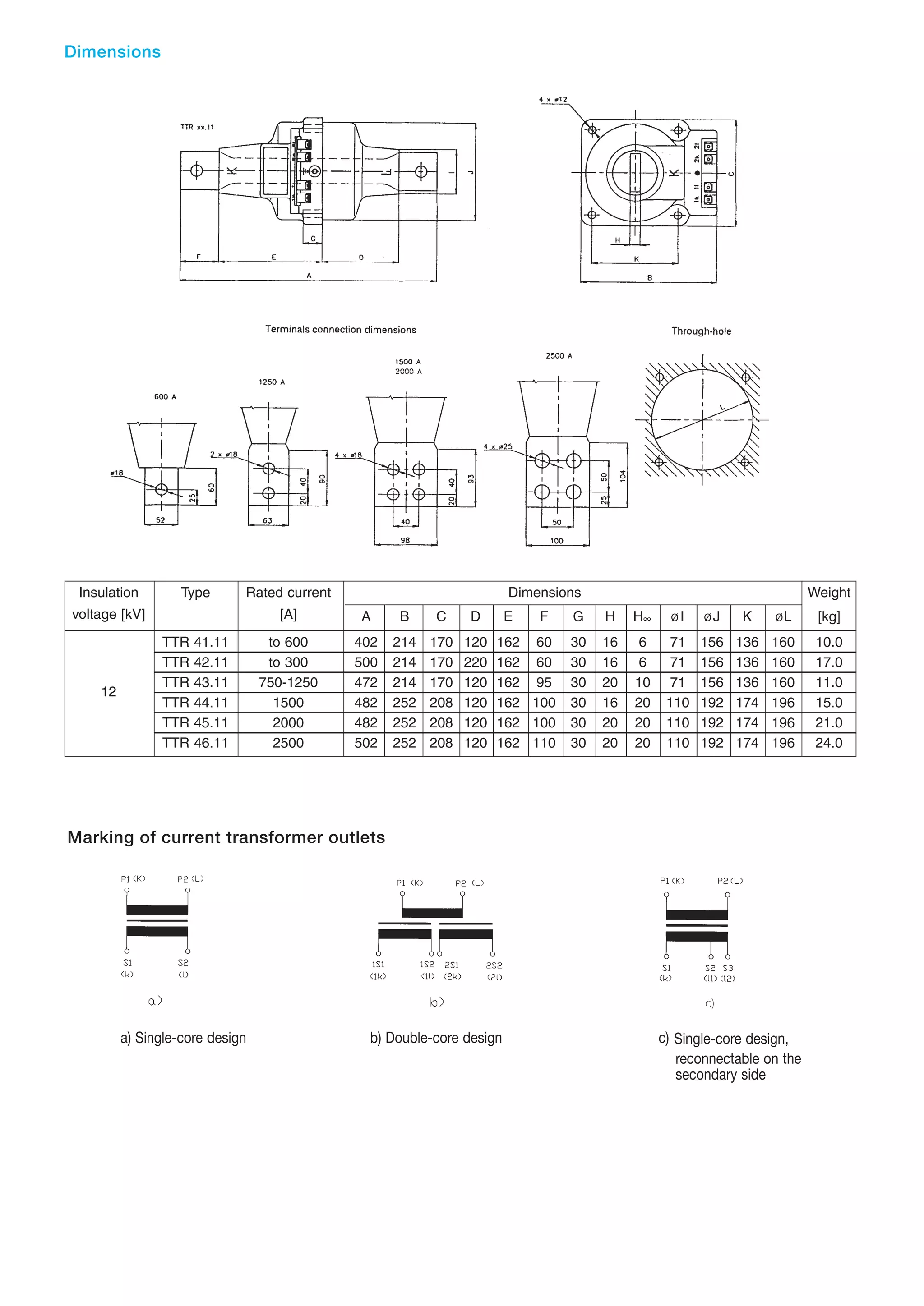 Dimensions

Insulation

Type

Rated current

voltage [kV]

12

Dimensions

[A]
TTR
TTR
TTR
TTR
TTR
TTR

41.11
42.11
43.11
44.11
45.11
46.11

A

B

C

D

to 600
to 300
750-1250
1500
2000
2500

402
500
472
482
482
502

214
214
214
252
252
252

170
170
170
208
208
208

120
220
120
120
120
120

E

F

162 60
162 60
162 95
162 100
162 100
162 110

Weight

G

H

H∞

ØI

ØJ

K

ØL

[kg]

30
30
30
30
30
30

16
16
20
16
20
20

6
6
10
20
20
20

71
71
71
110
110
110

156
156
156
192
192
192

136
136
136
174
174
174

160
160
160
196
196
196

10.0
17.0
11.0
15.0
21.0
24.0

Marking of current transformer outlets

c)

a) Single-core design

b) Double-core design

c) Single-core design,
reconnectable on the
secondary side

 