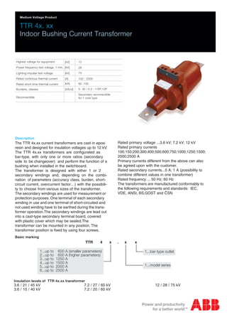 Medium Voltage Product

TTR 4x. xx
Indoor Bushing Current Transformer

Highest voltage for equipment

[kV]

12

Power frequency test voltage, 1 min. [kV]

28

Lighting impulse test voltage

[kV]

75

Rated continous thermal current

[A]

100 - 2500

Rated short-time thermal current

[kA]

60 -100

Burdens, classes

[VA/cl]

5- 30 / 0.2 - 1/5P;10P
Secondary reconnectible
for 1 core type

Reconnectible

Description

Rated primary voltage ...3.6 kV; 7.2 kV; 12 kV
Rated primary currents
100;150;200;300;400;500;600;750;1000;1250;1500;
2000;2500 A
Primary currents different from the above can also
be agreed upon with the customer.
Rated secondary currents...5 A; 1 A (possibility to
combine different values in one transformer)
Rated frequency ... 50 Hz; 60 Hz
The transformers are manufactured conformably to
the following requirements and standards: IEC,
VDE, ANSI, BS,GOST and ČSN

The TTR 4x.xx current transformers are cast in epoxi
resin and designed for insulation voltages up to 12 kV.
The TTR 4x.xx transformers are configurated as
bar-type, with only one or more ratios (secondary
side to be changeover) and perform the function of a
bushing when installed in the switchboard.
The transformer is designed with either 1 or 2
secondary windings and, depending on the combination of parameters (accuracy class, burden, shortcircuit current, overcurrent factor…) with the possibility to choose from various sizes of the transformer.
The secondary windings are used for measurement or
protection purposes. One terminal of each secondary
winding in use and one terminal of short-circuited and
not used winding have to be earthed during the transformer operation.The secondary windings are lead out
into a cast-type secondary terminal board, covered
with plastic cover which may be sealed.The
transformer can be mounted in any position. The
transformer position is fixed by using four screws.
Basic marking

TTR
1...up to
2...up to
3...up to
4...up to
5...up to
6...up to

x

600 A (smaller parameters)
600 A (higher parameters)
1250 A
1500 A
2000 A
2500 A

Insulation levels of TTR 4x.xx transformer

3.6 / 21 / 45 kV
3.6 / 10 / 40 kV

4

7.2 / 27 / 60 kV
7.2 / 20 / 60 kV

.

x

x
1...bar-type outlet
1...model series

12 / 28 / 75 kV

 