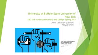 University at Buffalo-State University of
New York
ARC 211- American Diversity and Design- Spring 2017
Online Discussion Questions
Abby Abraham
http://www.africafex.org/acc
ess-to-information/2015-
another-tragic-year-for-
freedom-of-expression-in-
somalia
 