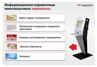 Информационно-справочные
многоязычные терминалы

       Карта города, путеводители


       Расписание и маршруты городского
       транспорта


       Словари, разговорники, переводчики


       Звонок в Call-центр


       Интернет
 