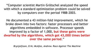 “Computer scientist Martin Grötschel analyzed the speed
with which a standard optimization problem could be solved
by computers over the period 1988-2003.
He documented a 43 million-fold improvement, which he
broke down into two factors: faster processors and better
algorithms embedded in software. Processor speeds
improved by a factor of 1,000, but these gains were
dwarfed by the algorithms, which got 43,000 times better
over the same period.”
Brynjolfsson, Erik; McAfee, Andrew. Race Against The Machine
 