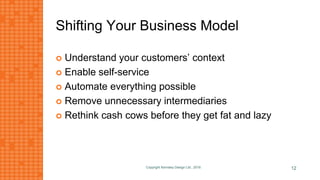 Shifting Your Business Model
 Understand your customers’ context
 Enable self-service
 Automate everything possible
 Remove unnecessary intermediaries
 Rethink cash cows before they get fat and lazy
Copyright Kemsley Design Ltd., 2016 12
 