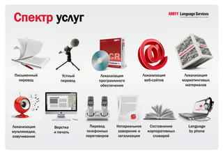 Спектр услуг



 Письменный        Устный          Локализация           Локализация        Локализация
   перевод        перевод         программного            веб-сайтов       маркетинговых
                                   обеспечения                              материалов




Локализация    Верстка        Перевод     Нотариальное      Составление       Language
мультимедиа,   и печать     телефонных     заверение и     корпоративных      by phone
озвучивание                 переговоров    легализация        словарей
 
