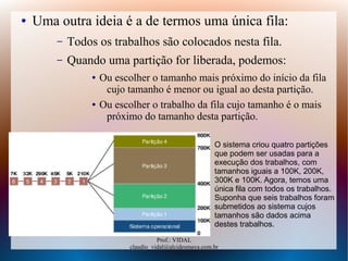 Prof.: VIDAL
claudio_vidal@alcidesmaya.com.br
● Uma outra ideia é a de termos uma única fila:
– Todos os trabalhos são colocados nesta fila.
– Quando uma partição for liberada, podemos:
● Ou escolher o tamanho mais próximo do início da fila
cujo tamanho é menor ou igual ao desta partição.
● Ou escolher o trabalho da fila cujo tamanho é o mais
próximo do tamanho desta partição.
O sistema criou quatro partições
que podem ser usadas para a
execução dos trabalhos, com
tamanhos iguais a 100K, 200K,
300K e 100K. Agora, temos uma
única fila com todos os trabalhos.
Suponha que seis trabalhos foram
submetidos ao sistema cujos
tamanhos são dados acima
destes trabalhos.
 