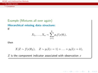 MCMC and Likelihood-free Methods
The Gibbs Sampler
Completion
Example (Mixtures all over again)
Hierarchical missing data structure:
If
X1, . . . , Xn ∼
k
i=1
pif(x|θi),
then
X|Z ∼ f(x|θZ), Z ∼ p1I(z = 1) + . . . + pkI(z = k),
Z is the component indicator associated with observation x
 