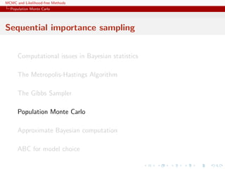 MCMC and Likelihood-free Methods
Population Monte Carlo
Sequential importance sampling
Computational issues in Bayesian statistics
The Metropolis-Hastings Algorithm
The Gibbs Sampler
Population Monte Carlo
Approximate Bayesian computation
ABC for model choice
 