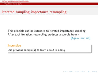 MCMC and Likelihood-free Methods
Population Monte Carlo
Iterated sampling importance resampling
This principle can be extended to iterated importance sampling:
After each iteration, resampling produces a sample from π
[Again, not iid!]
Incentive
Use previous sample(s) to learn about π and q
 