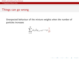 MCMC and Likelihood-free Methods
Population Monte Carlo
Things can go wrong
Unexpected behaviour of the mixture weights when the number of
particles increases
N
i=1
¯ωi,tIKi,t=d−→P
1
D
 