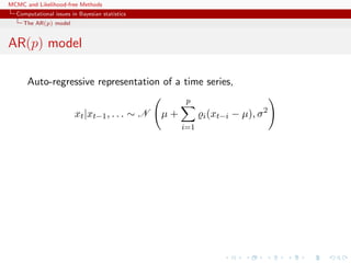 MCMC and Likelihood-free Methods
Computational issues in Bayesian statistics
The AR(p) model
AR(p) model
Auto-regressive representation of a time series,
xt|xt−1, . . . ∼ N µ +
p
i=1
i(xt−i − µ), σ2
 