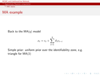 MCMC and Likelihood-free Methods
Approximate Bayesian computation
ABC basics
MA example
Back to the MA(q) model
xt = t +
q
i=1
ϑi t−i
Simple prior: uniform prior over the identiﬁability zone, e.g.
triangle for MA(2)
 