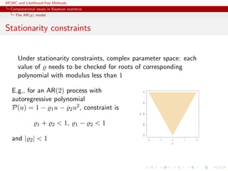 MCMC and Likelihood-free Methods
Computational issues in Bayesian statistics
The AR(p) model
Stationarity constraints
Under stationarity constraints, complex parameter space: each
value of needs to be checked for roots of corresponding
polynomial with modulus less than 1
E.g., for an AR(2) process with
autoregressive polynomial
P(u) = 1 − 1u − 2u2, constraint is
1 + 2 < 1, 1 − 2 < 1
and | 2| < 1
q
−2 −1 0 1 2
−1.0−0.50.00.51.0 θ1
θ2
 