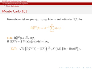 MCMC and Likelihood-free Methods
The Metropolis-Hastings Algorithm
Monte Carlo basics
Monte Carlo 101
Generate an iid sample x1, . . . , xN from π and estimate Π(h) by
ˆΠMC
N (h) = N−1
N
i=1
h(xi).
LLN: ˆΠMC
N (h)
as
−→ Π(h)
If Π(h2) = h2(x)π(x)µ(dx) < ∞,
CLT:
√
N ˆΠMC
N (h) − Π(h)
L
N 0, Π [h − Π(h)]2
.
 