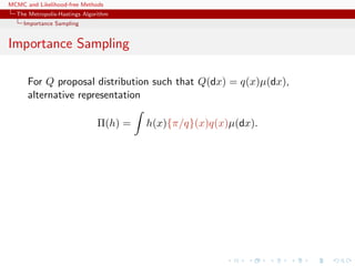 MCMC and Likelihood-free Methods
The Metropolis-Hastings Algorithm
Importance Sampling
Importance Sampling
For Q proposal distribution such that Q(dx) = q(x)µ(dx),
alternative representation
Π(h) = h(x){π/q}(x)q(x)µ(dx).
 