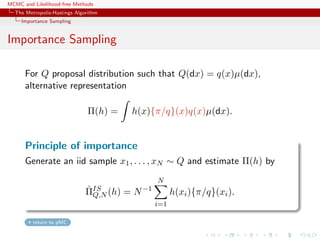 MCMC and Likelihood-free Methods
The Metropolis-Hastings Algorithm
Importance Sampling
Importance Sampling
For Q proposal distribution such that Q(dx) = q(x)µ(dx),
alternative representation
Π(h) = h(x){π/q}(x)q(x)µ(dx).
Principle of importance
Generate an iid sample x1, . . . , xN ∼ Q and estimate Π(h) by
ˆΠIS
Q,N (h) = N−1
N
i=1
h(xi){π/q}(xi).
return to pMC
 