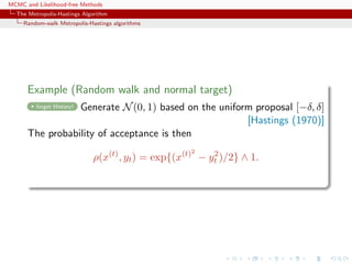 MCMC and Likelihood-free Methods
The Metropolis-Hastings Algorithm
Random-walk Metropolis-Hastings algorithms
Example (Random walk and normal target)
forget History! Generate N(0, 1) based on the uniform proposal [−δ, δ]
[Hastings (1970)]
The probability of acceptance is then
ρ(x(t)
, yt) = exp{(x(t)2
− y2
t )/2} ∧ 1.
 