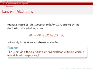 MCMC and Likelihood-free Methods
The Metropolis-Hastings Algorithm
Extensions
Langevin Algorithms
Proposal based on the Langevin diﬀusion Lt is deﬁned by the
stochastic diﬀerential equation
dLt = dBt +
1
2
log f(Lt)dt,
where Bt is the standard Brownian motion
Theorem
The Langevin diﬀusion is the only non-explosive diﬀusion which is
reversible with respect to f.
 