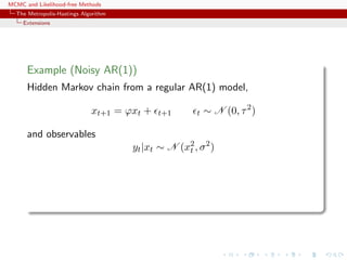 MCMC and Likelihood-free Methods
The Metropolis-Hastings Algorithm
Extensions
Example (Noisy AR(1))
Hidden Markov chain from a regular AR(1) model,
xt+1 = ϕxt + t+1 t ∼ N (0, τ2
)
and observables
yt|xt ∼ N (x2
t , σ2
)
 