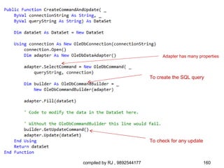 Adapter has many properties



                              To create the SQL query




                              To check for any update



compiled by RJ , 9892544177                             160
 