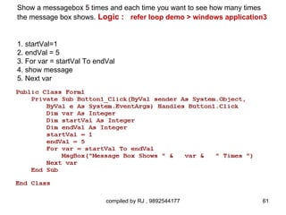 Show a messagebox 5 times and each time you want to see how many times
the message box shows. Logic : refer loop demo > windows application3


1. startVal=1
2. endVal = 5
3. For var = startVal To endVal
4. show message
5. Next var




                            compiled by RJ , 9892544177             61
 